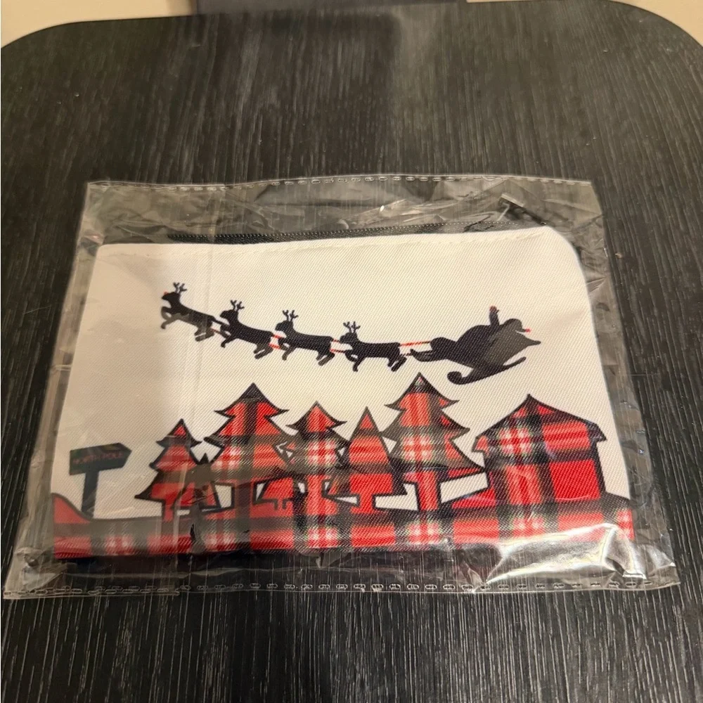 Anne Cate Christmas Plaid Pouch Santa and reindeer motif 6”W X 4”H Made In USA